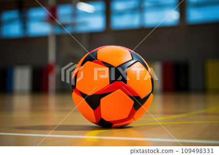 Equipment used in korfball, orange soccer ball on polished wooden gymnasium floor. Ball features black pentagons, centrally placed as focal point. 109498331