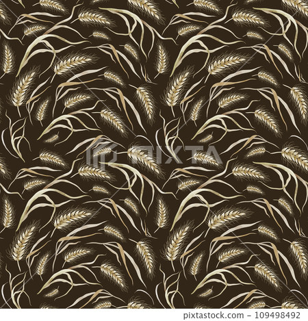 Seamless wheat pattern. Ears of cereal are hand-drawn on a black background. Watercolor ornament texture of oat and rye plant stems. Design of wrapping paper and textiles. Seamless wheat pattern. Ears of cereal are hand-drawn on a black background. Watercolor ornament texture of oat and rye plant stems. Design of wrapping paper and textiles. 109498492
