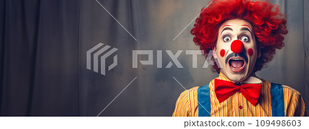 AI-generated content. a clown with an expression of astonishment on his face, banner with copy space 109498603