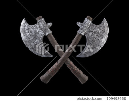 Two crossed axes isolated on black background Two crossed axes isolated on black background 109498668