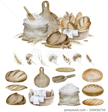 Wheat breads on isolated background. Watercolor illustration of ingredients for making homemade baked goods. Culinary process of preparing food. Traditional cuisine hand drawn. 109498730