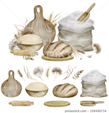 Wheat breads on isolated background. Watercolor illustration of ingredients for making homemade baked goods. Culinary process of preparing food. Traditional cuisine hand drawn. 109498734