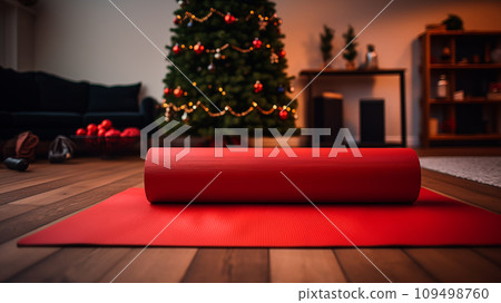 AI-generated content. Unrolled yoga mat on wooden floor in modern in a big living room at home. Decorated Christmas tree background. Generative AI 109498760