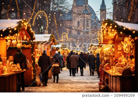 Winter market on a city square, selling seasonal goods, historical architecture covered in a blanket of snow 109499109