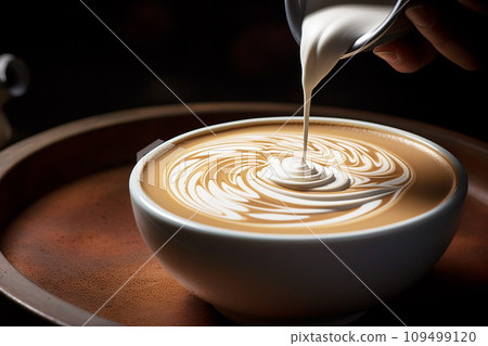 Close up cappuccino latte coffee cup with rich foam in warm light Close up cappuccino latte coffee cup with rich foam in warm light 109499120