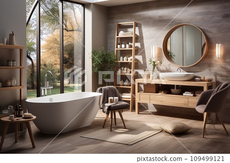 Scandinavian-inspired bathroom, warm simplicity and natural elements, neutral color scheme with warm wood tones Scandinavian-inspired bathroom, warm simplicity and natural elements, neutral color scheme with warm wood tones 109499121