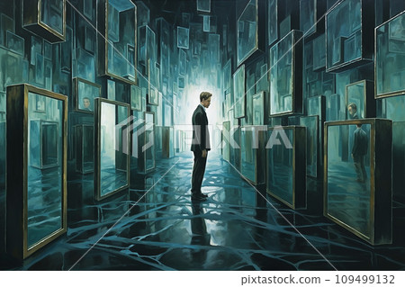 Man in a moment of self-reflection, surrounded by reflective surfaces, mirrors, water 109499132