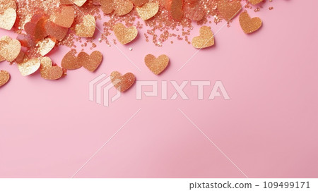 Golden confetti and pink hearts on a pink background, copy space. Background of Valentines day concept. Golden confetti and pink hearts on a pink background, copy space. Background of Valentines day concept. 109499171