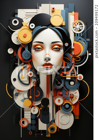 Geometric shapes woman face abstract art. Vibrant colors, precise compositions Geometric shapes woman face abstract art. Vibrant colors, precise compositions 109499172