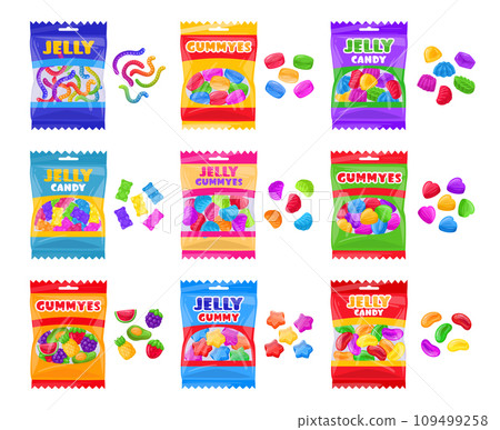 Jelly sweets package. Cartoon gummy bear, chewy worms and fruit shaped marmalade packaging flat vector illustration set. Sweet fruit flavored candies packages Jelly sweets package. Cartoon gummy bear, chewy worms and fruit shaped marmalade packaging flat vector illustration set. Sweet fruit flavored candies packages 109499258