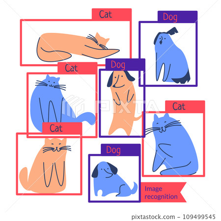 Illustration for the image recognition problem. Machine learning. Computer vision. Stylized vector illustration isolated on white background. 109499545