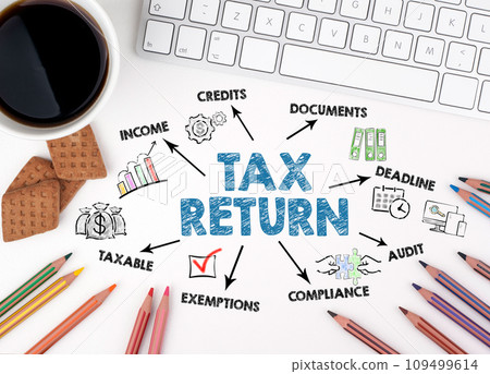 TAX RETURN Concept. Chart with keywords and icons. White office desk TAX RETURN Concept. Chart with keywords and icons. White office desk 109499614