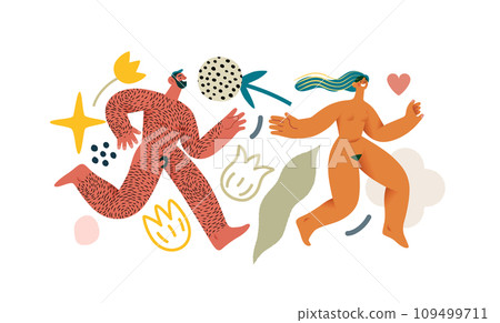 Valentine: Love Chase - modern flat vector concept illustration of laughing naked couple running in a floral environment. Metaphor of sex, affection, love, pursuit in romance 109499711