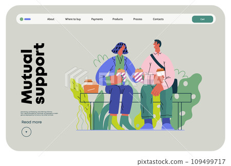 Mutual Support: Share food -modern flat vector concept illustration of woman offering half of her lunch to colleague in the park. A metaphor of voluntary, collaborative exchanges of resource, services 109499717