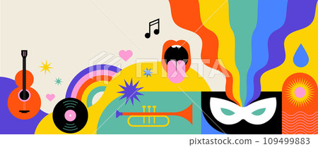 Happy Carnival, colorful geometric background with splashes, speech bubbles, masks and confetti Happy Carnival, colorful geometric background with splashes, speech bubbles, masks and confetti 109499883