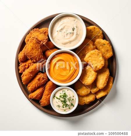 AI-generated content. A platter of chicken nuggets, showcasing their golden perfection with a variety of dips Generative AI 109500488