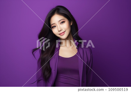AI-generated content. a beautiful Asian girl smiles sweetly in monochrome bright purple clothes on a monochrome generative Ai 109500519