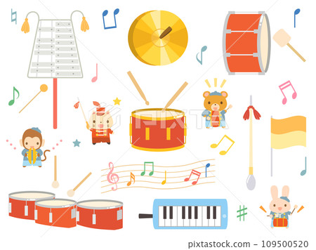 Illustration inspired by instruments used in the drum and flute corps, version with cute animals 109500520