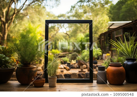 AI-generated content. Mock-up A blank white photo frame propped up on a table outdoors, with nature in the background 109500548