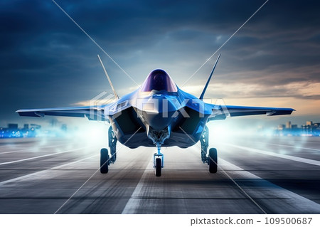 AI-generated content. futuristic f35 with blue ion propulsion engines taking off on a runway aigenerated 109500687