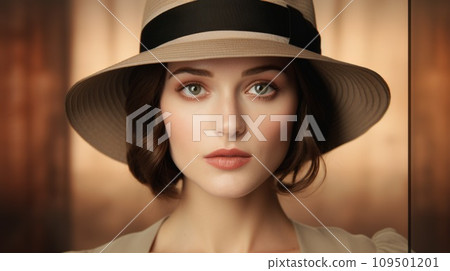 AI-generated content. Photorealistic Adult White Woman with Brown Straight Hair Vintage Illustration. Portrait of a person wearing hat, retro 20s movie style. Retro fashion. Ai Generated Horizontal 109501201