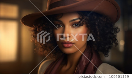 AI-generated content. Photorealistic Adult Black Woman with Brown Curly Hair Vintage Illustration. Portrait of a person wearing hat, retro 20s movie style. Retro fashion. Ai Generated Horizontal 109501359