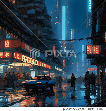 AI-generated content. A city street at night with people walking. 109501402