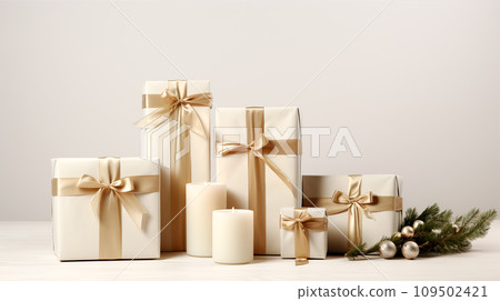 Golden gift boxes on the festive background Golden gift boxes on the festive background 109502421