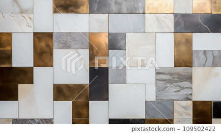 Patchwork arrangement of white marble and bronze tiles Patchwork arrangement of white marble and bronze tiles 109502422