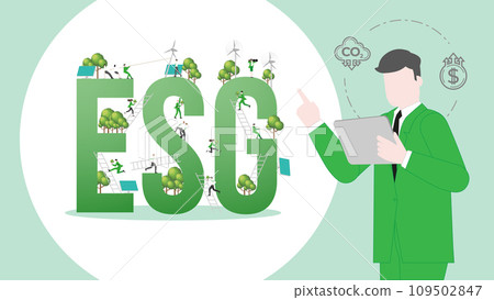 ESG sustainability business policy. Carbon credit calculate from reduce carbon footprint and carbon offset. Profit of ESG ESG sustainability business policy. Carbon credit calculate from reduce carbon footprint and carbon offset. Profit of ESG 109502847