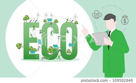 ESG sustainability business policy. Carbon credit calculate from reduce carbon footprint and carbon offset. Profit of ECO ESG sustainability business policy. Carbon credit calculate from reduce carbon footprint and carbon offset. Profit of ECO 109502848