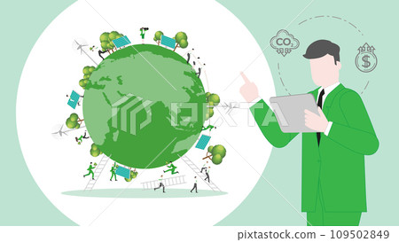 ESG sustainability business policy. Carbon credit calculate from reduce carbon footprint and carbon offset. Profit of Earth ESG sustainability business policy. Carbon credit calculate from reduce carbon footprint and carbon offset. Profit of Earth 109502849