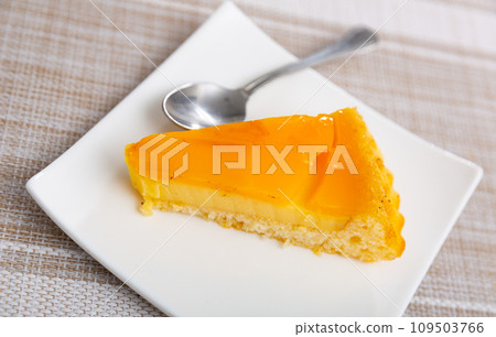 On plate is tasty sponge Catalan cream pie On plate is tasty sponge Catalan cream pie 109503766