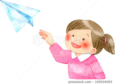 Watercolor illustration of a child (girl) flying a paper airplane 109504093