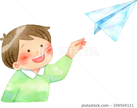 Watercolor illustration of a child (boy) flying a paper airplane 109504121