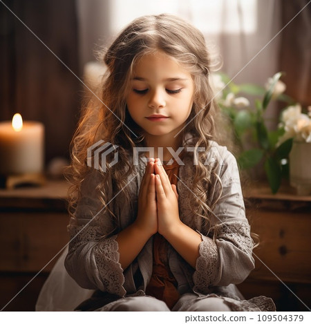 Little child hand praying,Hands folded in prayer concept. AI Generate 109504379