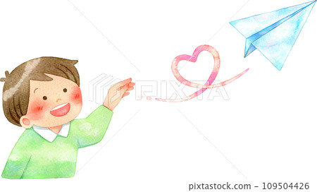 Watercolor illustration of a child (boy) flying a paper airplane drawing a heart Watercolor illustration of a child (boy) flying a paper airplane drawing a heart 109504426