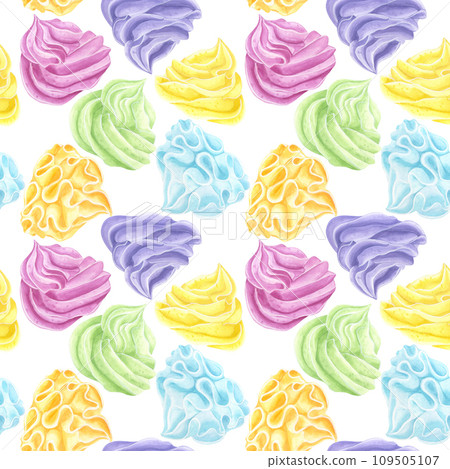 Seamless pattern rainbow multicolored buttercream, sweet whipped cream, ice cream, marshmallows. Food clipart cupcakes muffins. Hand drawn watercolor illustration isolated on white background Seamless pattern rainbow multicolored buttercream, sweet whipped cream, ice cream, marshmallows. Food clipart cupcakes muffins. Hand drawn watercolor illustration isolated on white background 109505107