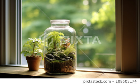 窗邊的苔蘚玻璃容器。 AI生成影像 窗邊的苔蘚玻璃容器。 AI生成影像 109505174