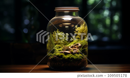 黑暗房間裡的苔蘚玻璃容器。 AI生成影像 黑暗房間裡的苔蘚玻璃容器。 AI生成影像 109505178