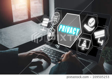 Privacy conept, Business woman using laptop computer on office desk with privacy icon on virtual screen, cyber security, data protection, data management, cybersecurity. Privacy conept, Business woman using laptop computer on office desk with privacy icon on virtual screen, cyber security, data protection, data management, cybersecurity. 109505253