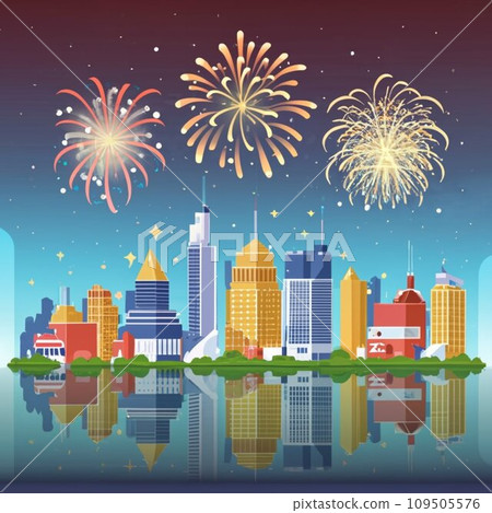 New year cityscape sparkling fireworks in new year New year cityscape sparkling fireworks in new year 109505576