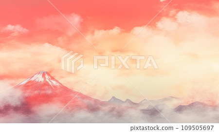 茜的天空和山脈的日式插畫風景“AI生成圖像” 109505697