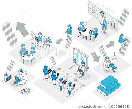 Image illustration of career advancement, finding your place, studying, working, and resting (with arrows) 109506558