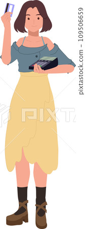 Cashless Payment Concept. Female Consumer with Credit Card and Payment Terminal Cashless Payment Concept. Female Consumer with Credit Card and Payment Terminal 109506659