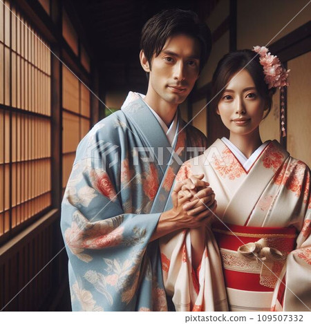 A couple wearing kimonos and holding hands A couple wearing kimonos and holding hands 109507332