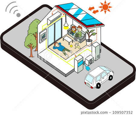 Image illustration of managing ZEH housing, eco-friendly housing, and energy-saving housing using a smartphone Image illustration of managing ZEH housing, eco-friendly housing, and energy-saving housing using a smartphone 109507352