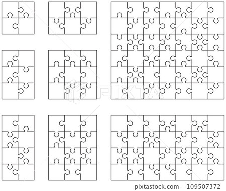 Separate pieces of eight white jigsaw puzzles 109507372