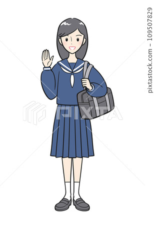 Junior high school girls in uniforms raising their hands in greeting 109507829