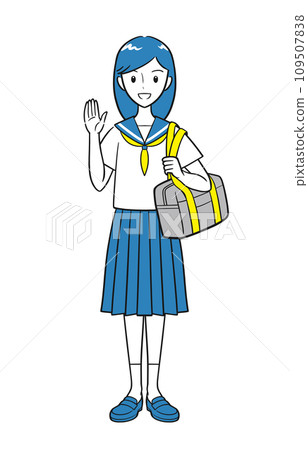穿著夏裝的國中女生舉手互相打招呼（簡單） 109507838